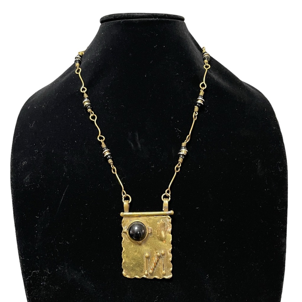 Vintage‎ Brass Brutalist Chain Link Gold Tone Chunky Big Square Pendant Necklace
